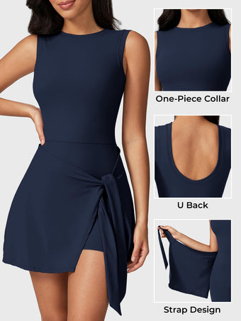 Detail view of Yeoreo Renee Sleeveless Tennis Dress in Deep Blue – close-up of boat neckline, U-back, and tie waist