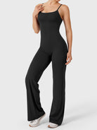 Dagyane Straight Leg Jumpsuit in black, angled front pose, smooth tummy fit, clean lines, straight leg design flattering body shape