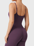 Dagyane Straight Leg Jumpsuit in Black Berry, back view close-up focusing on upper body, open back design, adjustable shoulder straps, V-back detail lifting and shaping glutes