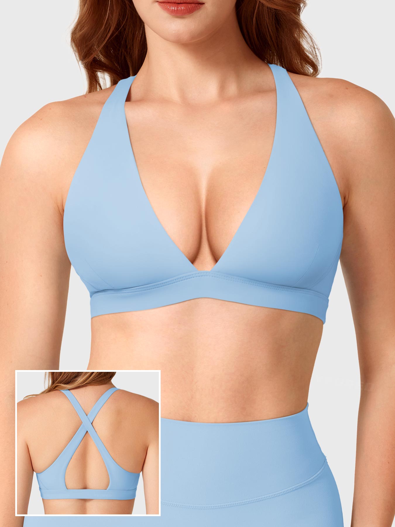 Airy Blue Yeoreo Wafiya cross back sports bra front view, plunge V-neck with elasticated underband shaping neckline