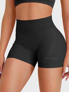 Black Baderiy 4.5" seamless shorts front angle, high-waisted seamless waistband with no front seam design