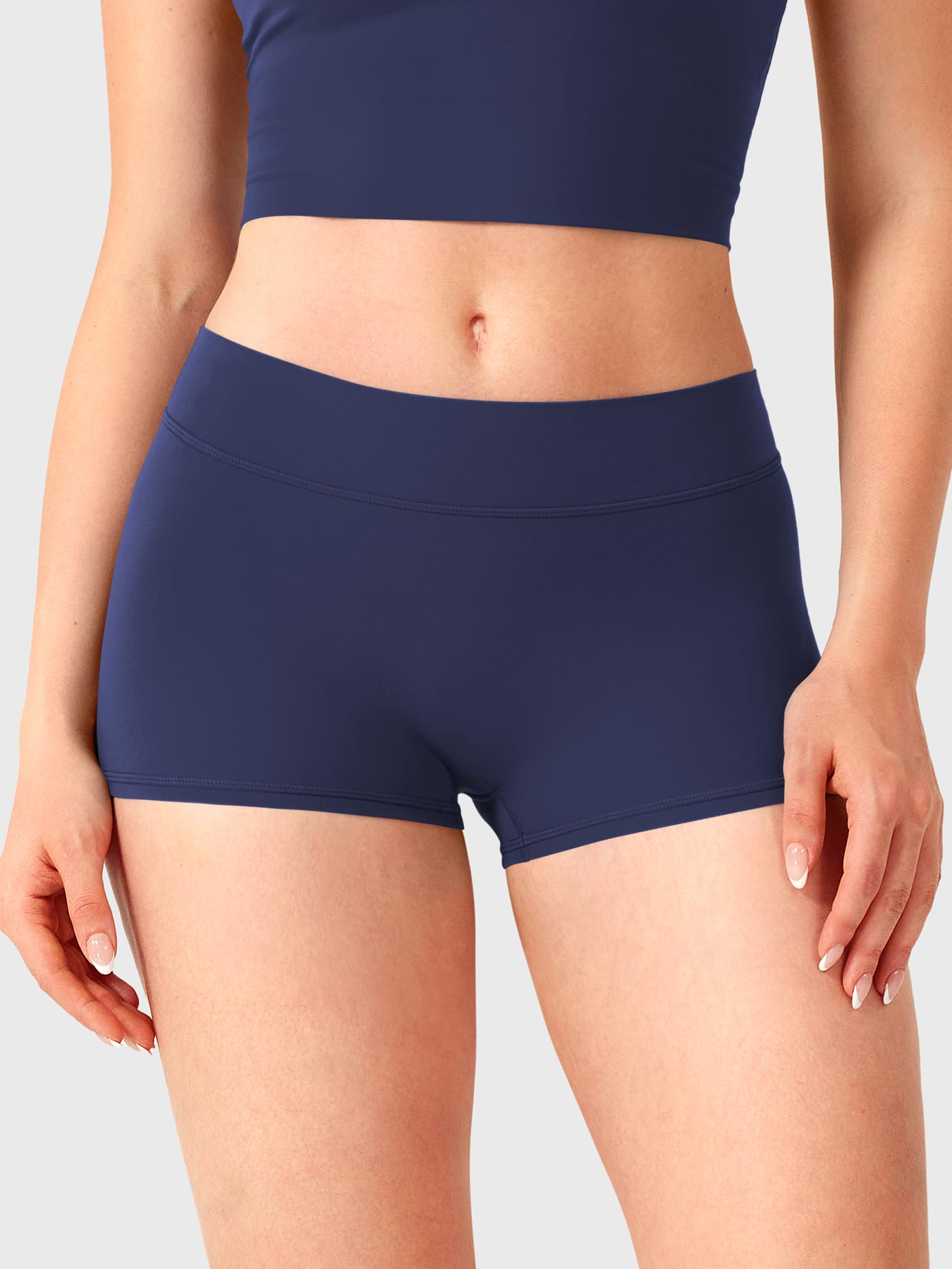 Dark Blue Yeoreo Zahida 2.5 inch inseam shorts front view, ultra low rise fit for sleek waist definition