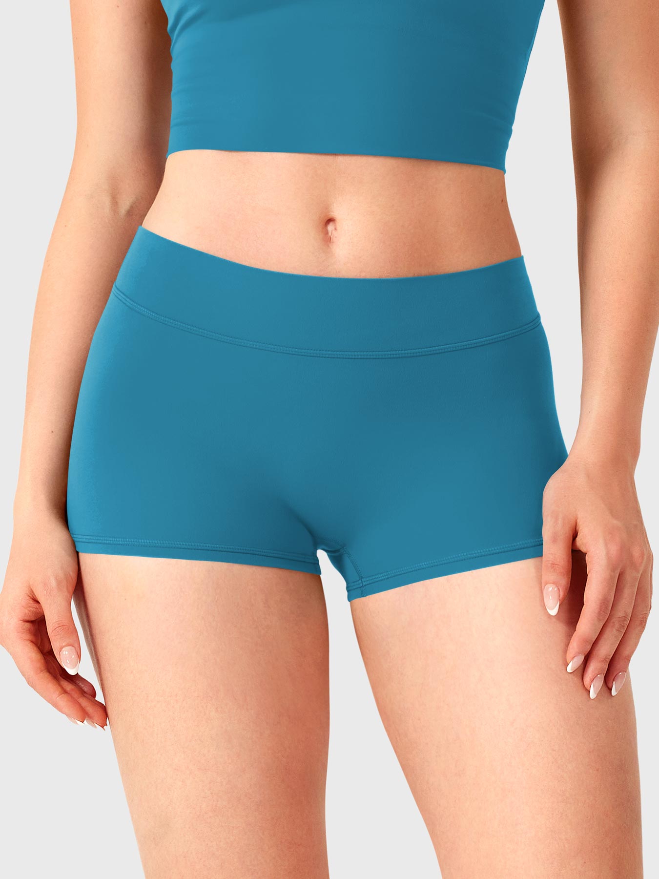 Marine Blue Yeoreo Zahida 2.5 inch inseam shorts front view, ultra low rise design for sleek fit