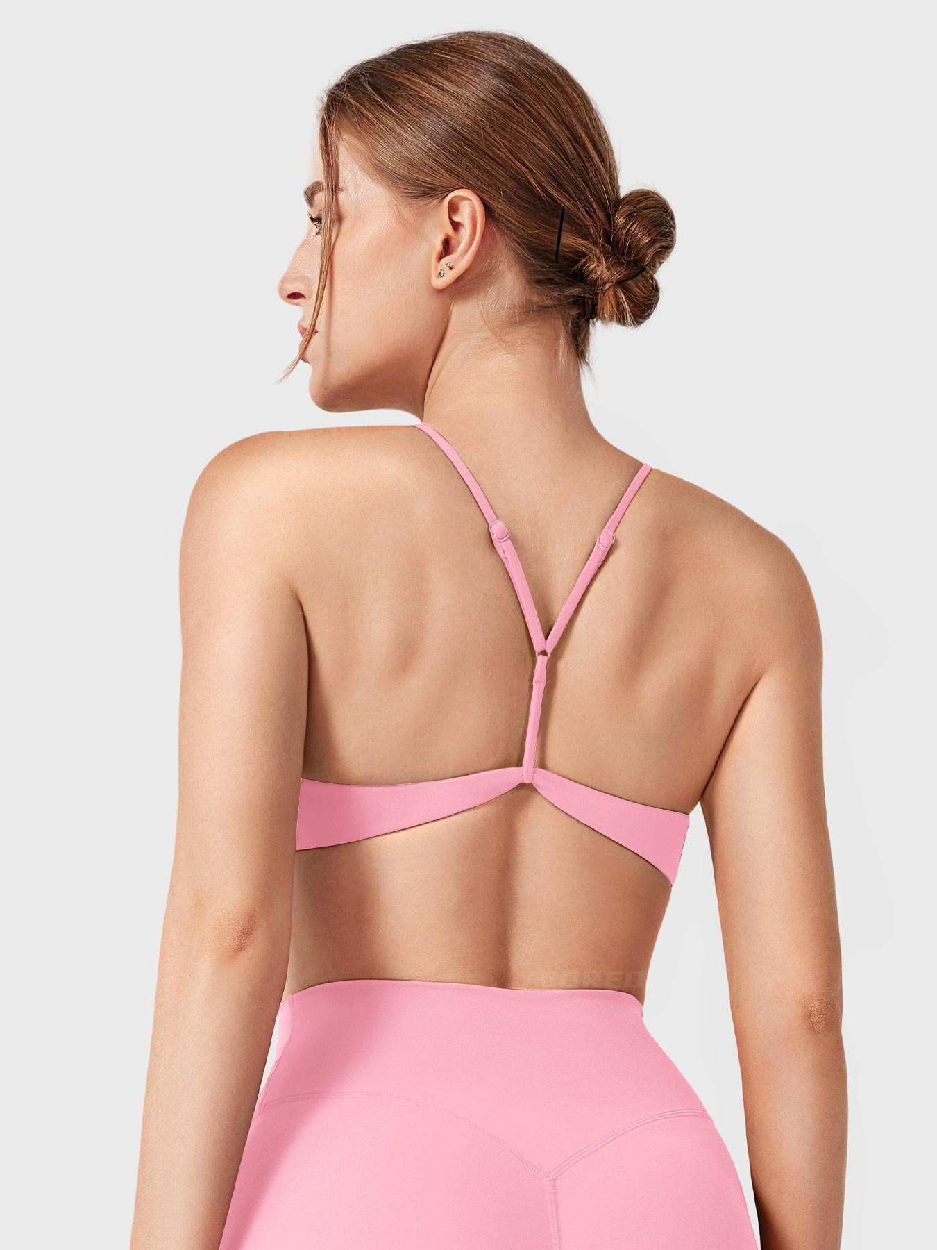 Baby Pink Yeoreo Zaahira adjustable sports bra back view, Y-back strap design with adjustable support highlighting back curve
