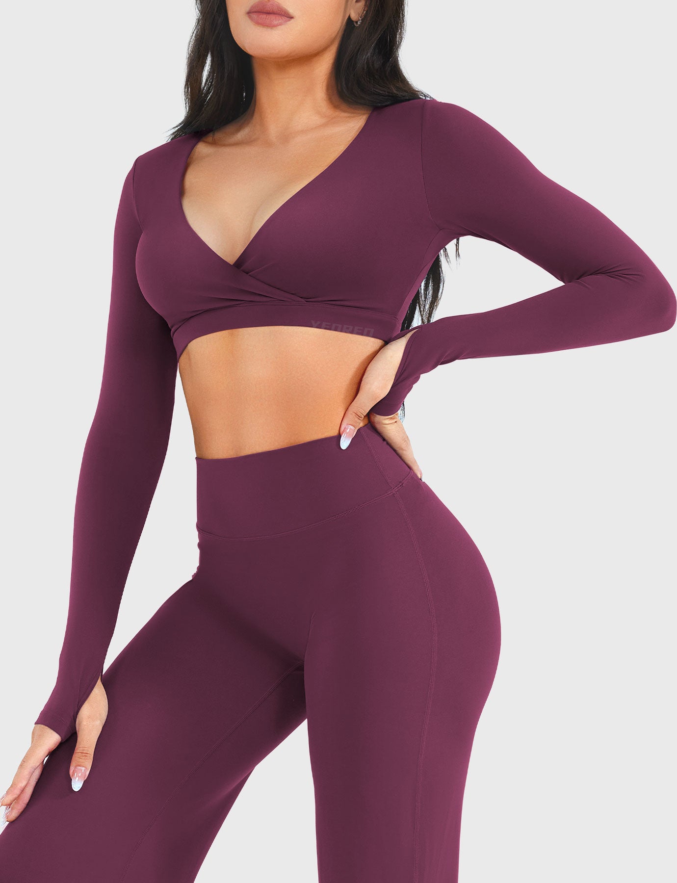 Black Cherry Arleney V-Neck Long Sleeve Top angled side pose