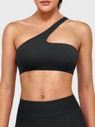 Claranie One Shoulder Sports Bra in black, front view upper body, asymmetric one shoulder design, sleek and sculpting fit