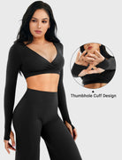 Black Arleney V-Neck Long Sleeve Top thumbhole sleeve detail