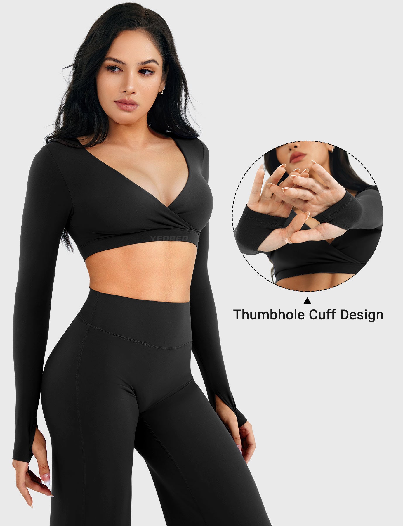 Black Arleney V-Neck Long Sleeve Top thumbhole sleeve detail