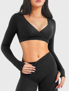 Black Arleney V-Neck Long Sleeve Top front pose view