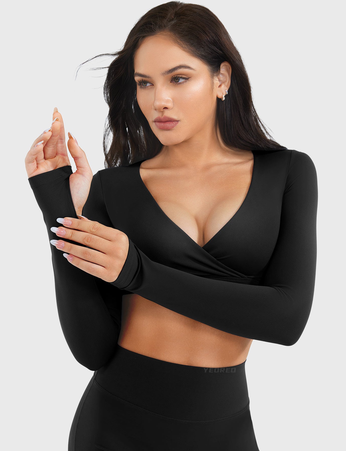 Black Arleney V-Neck Long Sleeve Top v-neck and thumbhole detail
