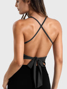 Black Yeoreo Kagina backless tie back active tank back view, open back with adjustable tie bow and spaghetti straps