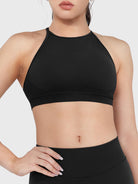 Acuffny High Neck Backless Sports Bra in black, front view upper body, high neckline, ribbed elastic band, secure full coverage fit
