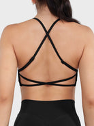 Acuffny High Neck Backless Sports Bra in black, back view upper body, breathable open back design, adjustable cross-back straps