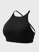Acuffny High Neck Backless Sports Bra in black, 3D model angled front view, high neck front and open back structure