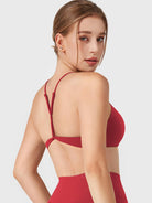 Maroon Yeoreo Zaahira adjustable Y-back sports bra angled rear view, body-hugging athletic fit