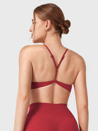 Maroon Yeoreo Zaahira adjustable sports bra back view, Y-back adjustable straps highlighting natural back shape