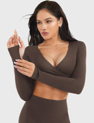 Coffee Arleney V-Neck Long Sleeve Top v-neck and thumbhole detail