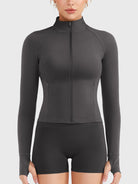 Candecy Full Zip Workout Jacket in deep grey, front view fully zipped, high neck coverage, sleek and supportive fit