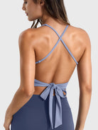 Granite Blue Yeoreo Kagina backless tie back active tank back view, open back bow detail with adjustable spaghetti straps