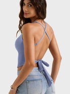 Granite Blue Yeoreo Kagina backless tank angled back view, adjustable straps with tie-back waist design