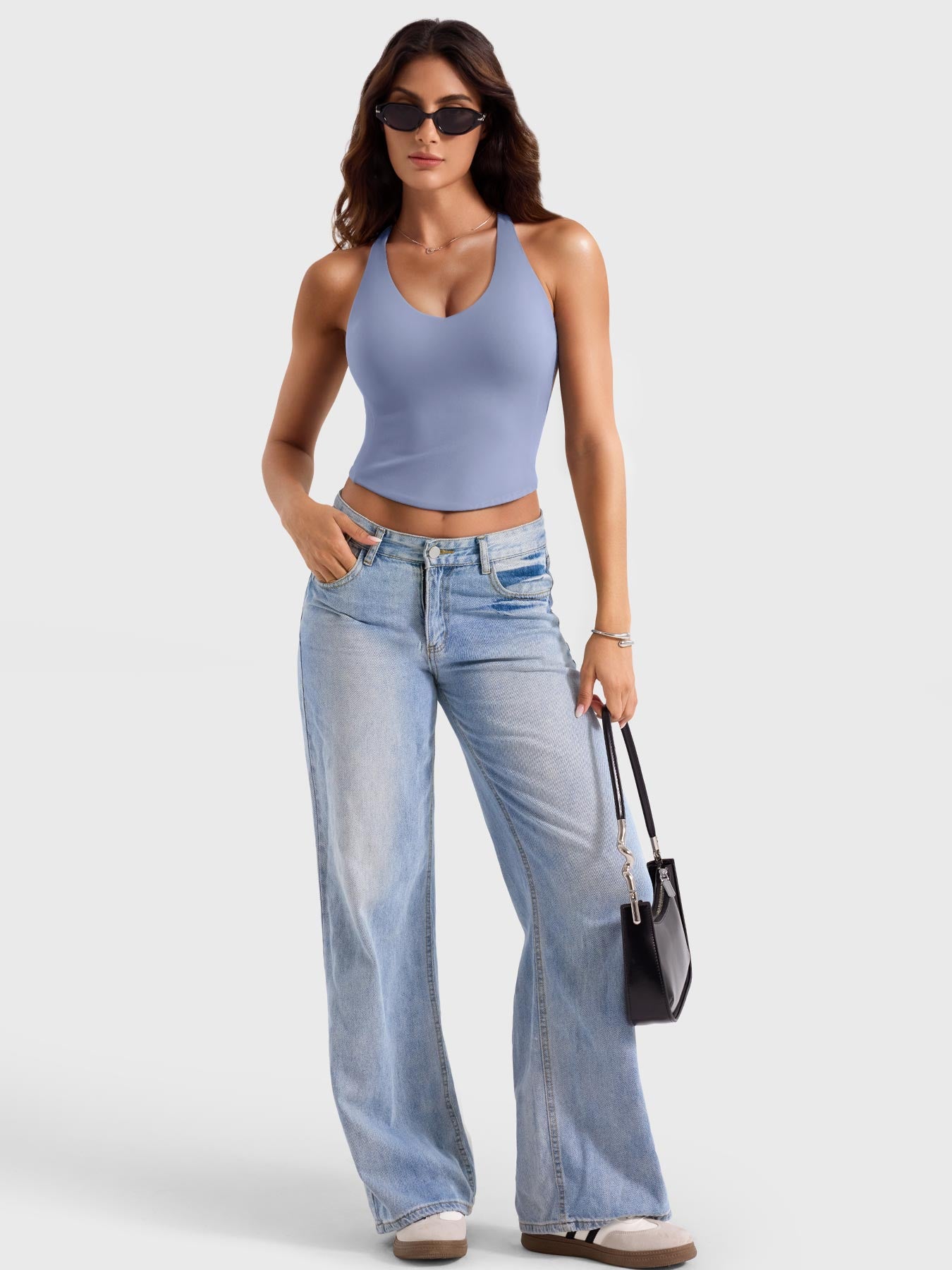 Granite Blue Yeoreo Kagina active tank full body view, casual athleisure outfit with a flattering fit