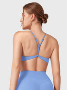 Ice Blue Yeoreo Zaahira adjustable sports bra back view, Y-back strap with adjustable design for customized support