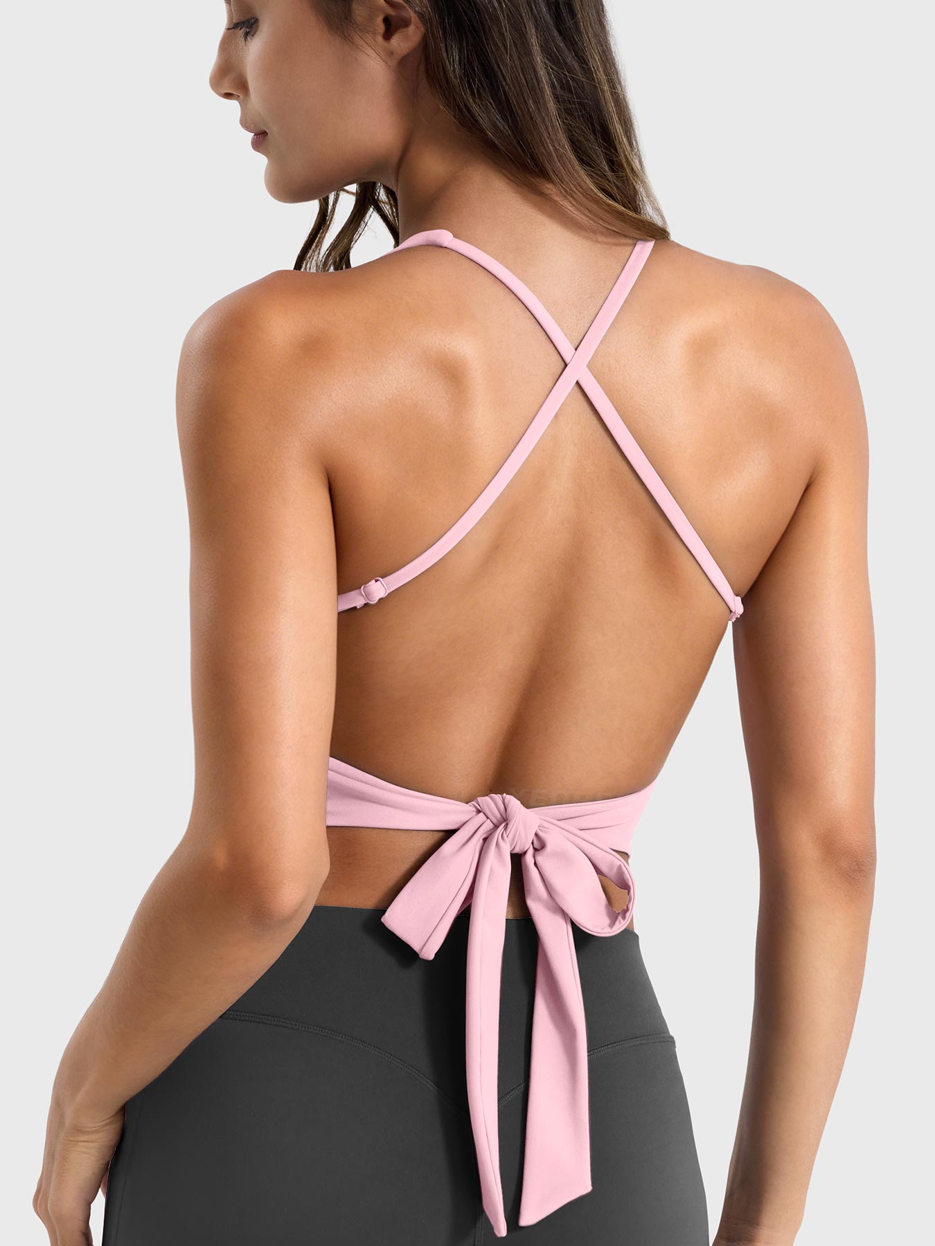 Light Pink Yeoreo Kagina backless tie back active tank back view, bow tie open back design with adjustable straps