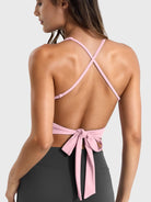 Light Pink Yeoreo Kagina backless tie back active tank back view, bow tie open back design with adjustable straps