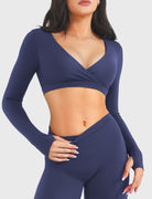 Navy Arleney V-Neck Long Sleeve Top front pose view