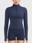 Candecy Full Zip Workout Jacket in navy, front view fully zipped, high neck coverage, sleek workout-ready fit