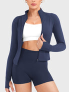 Candecy Full Zip Workout Jacket in navy, front view with zipper open, relaxed and breathable layering style
