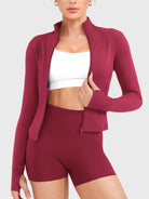 Candecy Full Zip Workout Jacket in ruby red, front view worn open, lightweight layering option for workouts