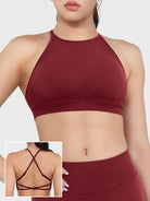 Acuffny High Neck Backless Sports Bra in scarlett red, front view upper body, high neck design, ribbed elastic underband, full chest coverage
