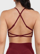 Acuffny High Neck Backless Sports Bra in scarlett red, back view upper body, breathable open back, adjustable cross-back straps