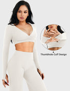 White Arleney V-Neck Long Sleeve Top thumbhole sleeve detail