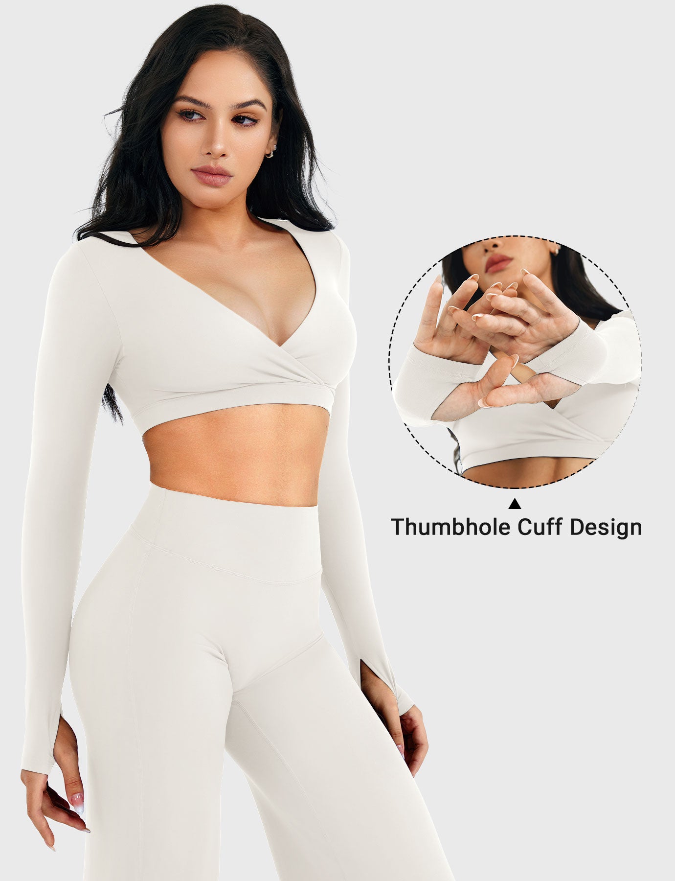 White Arleney V-Neck Long Sleeve Top thumbhole sleeve detail