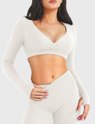 White Arleney V-Neck Long Sleeve Top front pose view