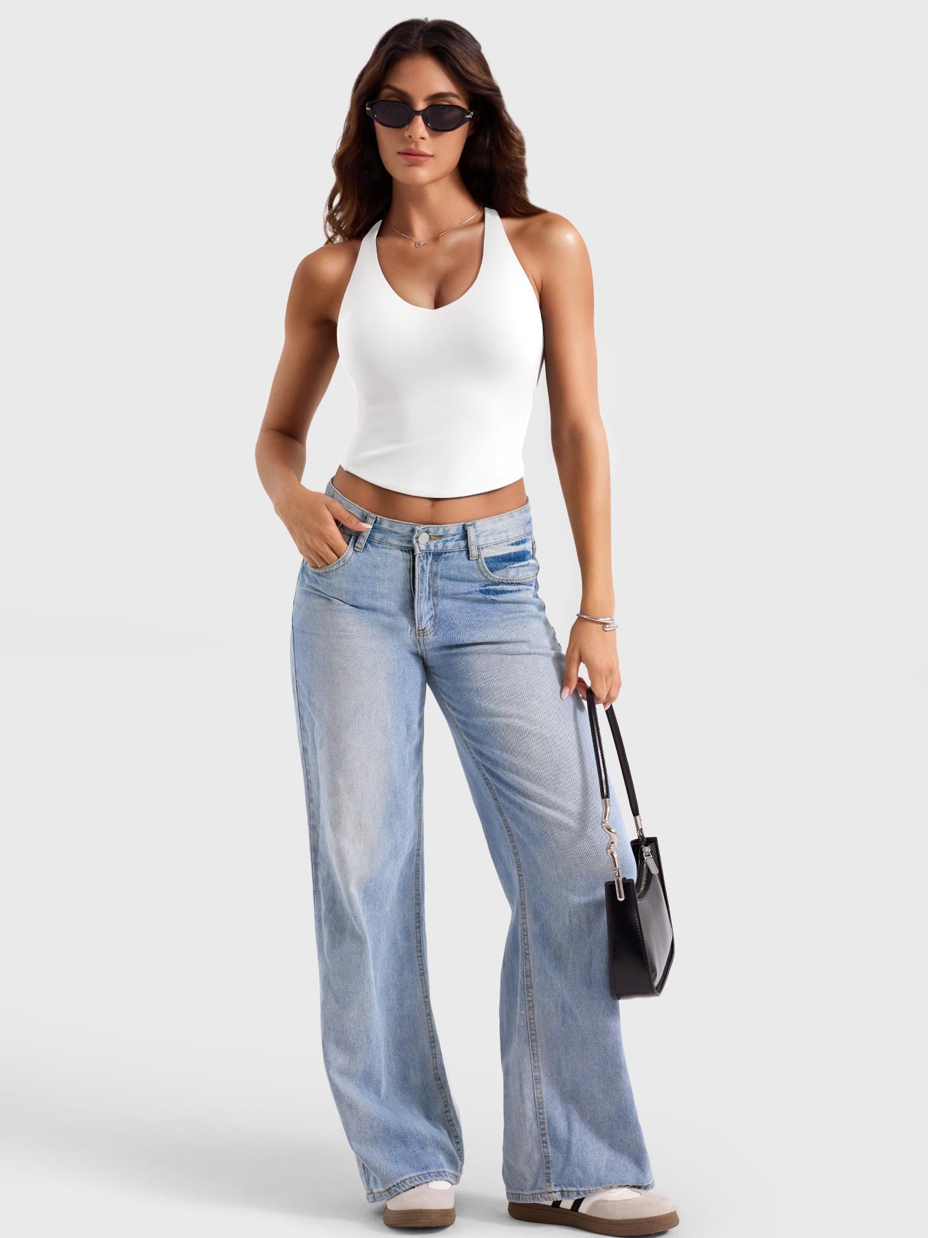 White Yeoreo Kagina active tank full body view, styled for everyday athleisure with a flattering fitted silhouette