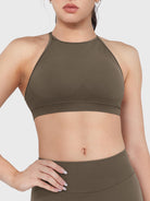 Acuffny High Neck Backless Sports Bra in coffee, front view upper body, high neck design, ribbed elastic underband, full chest support