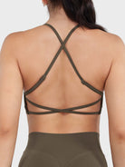 Acuffny High Neck Backless Sports Bra in coffee, back view upper body, elegant open back, adjustable cross-back straps for breathability