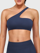 Claranie One Shoulder Sports Bra in navy, front view upper body, one shoulder asymmetric design, sleek supportive fit