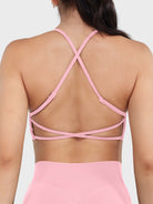 Acuffny High Neck Backless Sports Bra in pink, back view upper body, breathable open back, adjustable cross-back straps