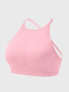 Acuffny High Neck Backless Sports Bra in pink, 3D model angled front view, high neck sports bra with open back structure