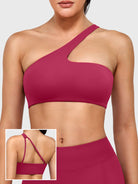 Claranie One Shoulder Sports Bra in ruby red, front view upper body, asymmetric one shoulder design, sleek and supportive fit
