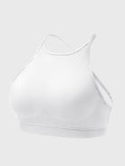 Acuffny High Neck Backless Sports Bra in white, 3D model angled front view, structured high neck sports bra with open back