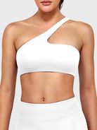 Claranie One Shoulder Sports Bra in white, front view upper body, asymmetric one shoulder neckline, clean fitted silhouette