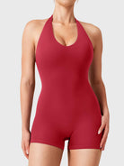 Red Yeoreo Daiane halter neck romper front view, fitted U neckline design with 2.5 inch inseam shorts