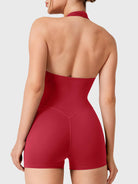 Red Yeoreo Daiane halter romper back view, open back and V-back contour enhancing glute shape