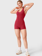 Red Yeoreo Daiane halter neck romper full body view, curve-enhancing athletic one piece shorts