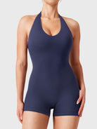 Dark Blue Yeoreo Daiane halter neck romper front view, U neckline design with body-hugging fit and 2.5 inch inseam